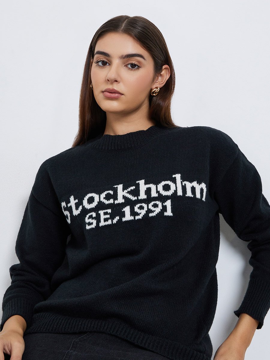 Black Slogan Print Regular Fit Sweater