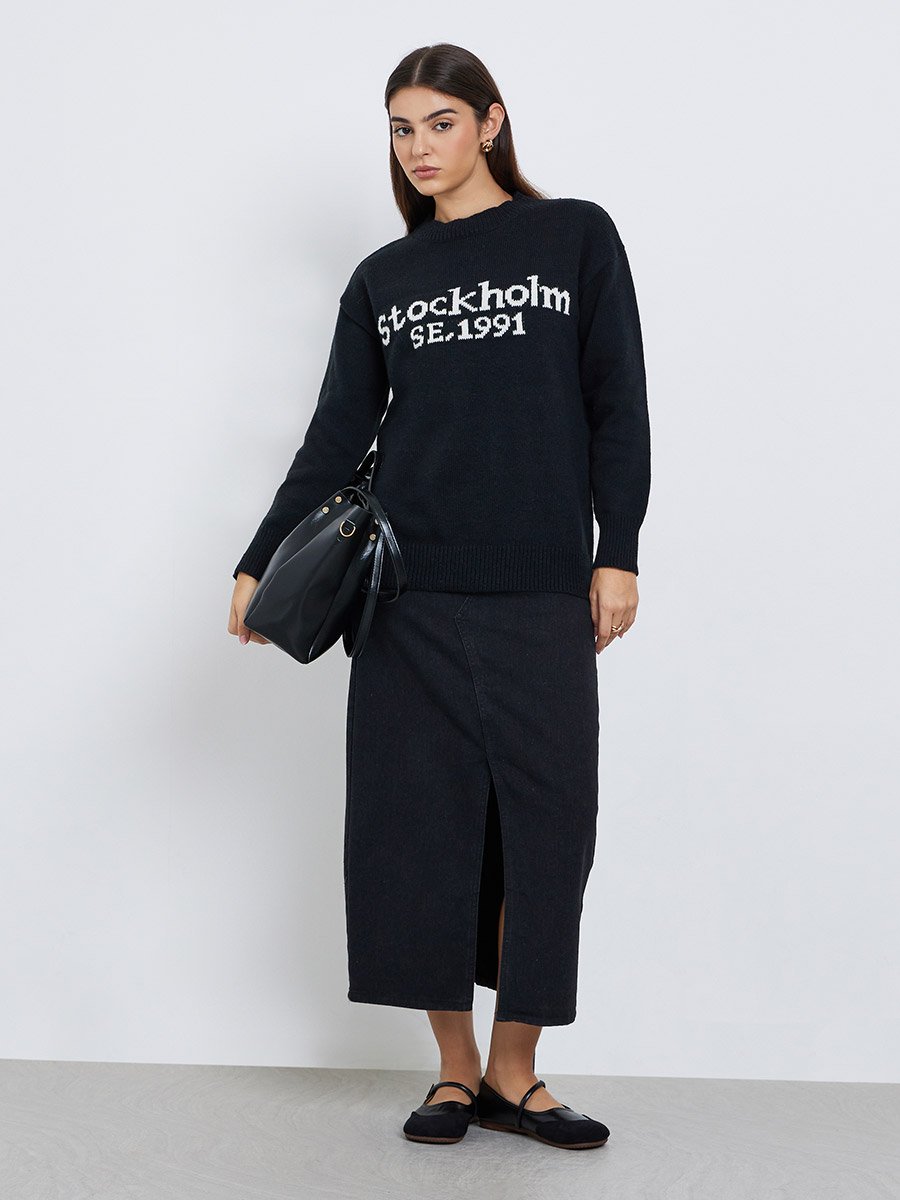 Black Slogan Print Regular Fit Sweater