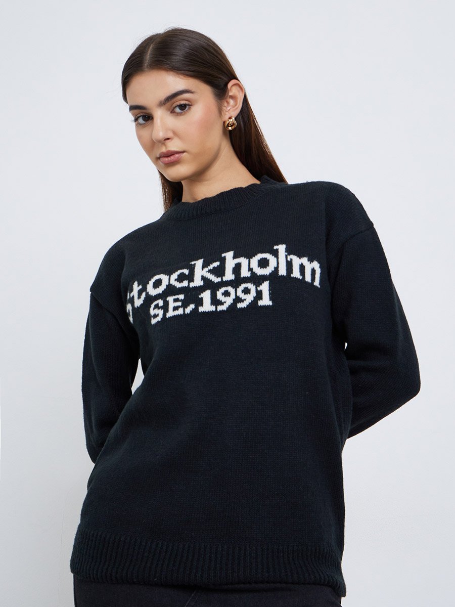 Black Slogan Print Regular Fit Sweater