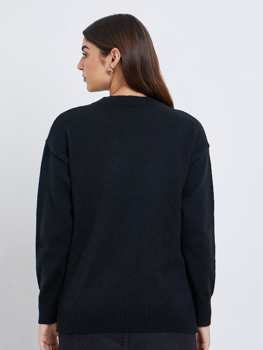 Black Slogan Print Regular Fit Sweater