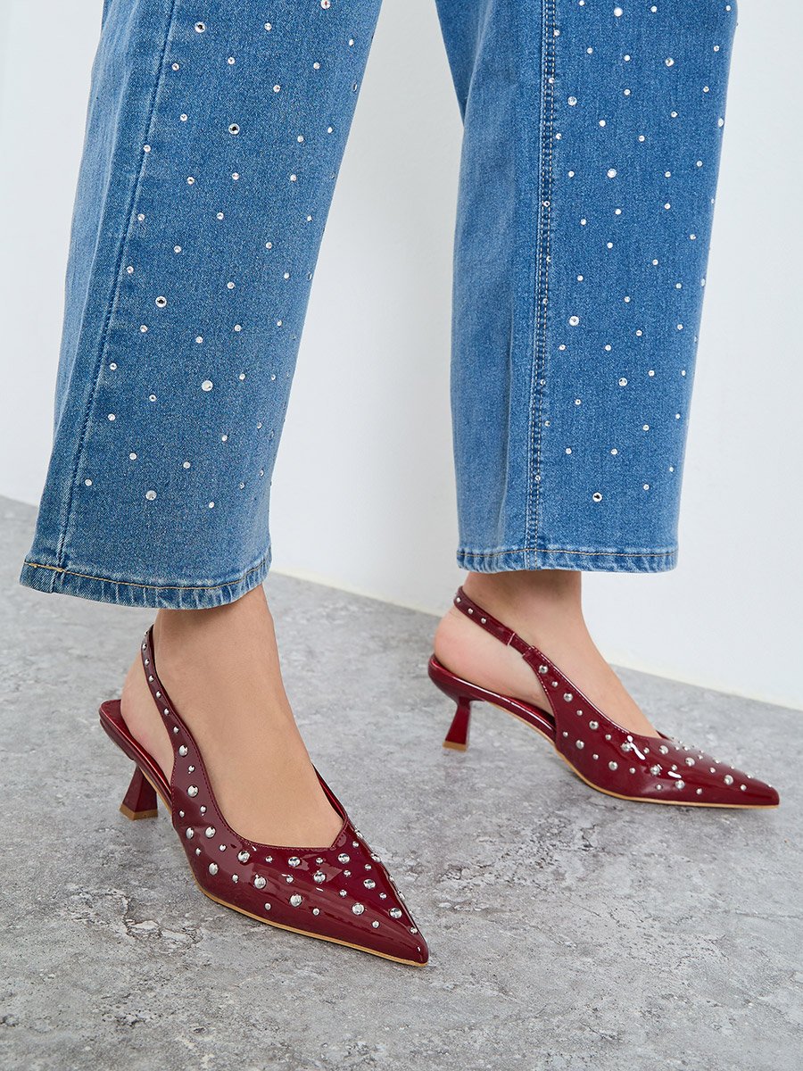 Burgundy Studded Slingback Kitten Heels Shoes