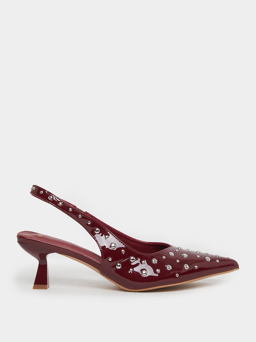 Burgundy Studded Slingback Kitten Heels Shoes