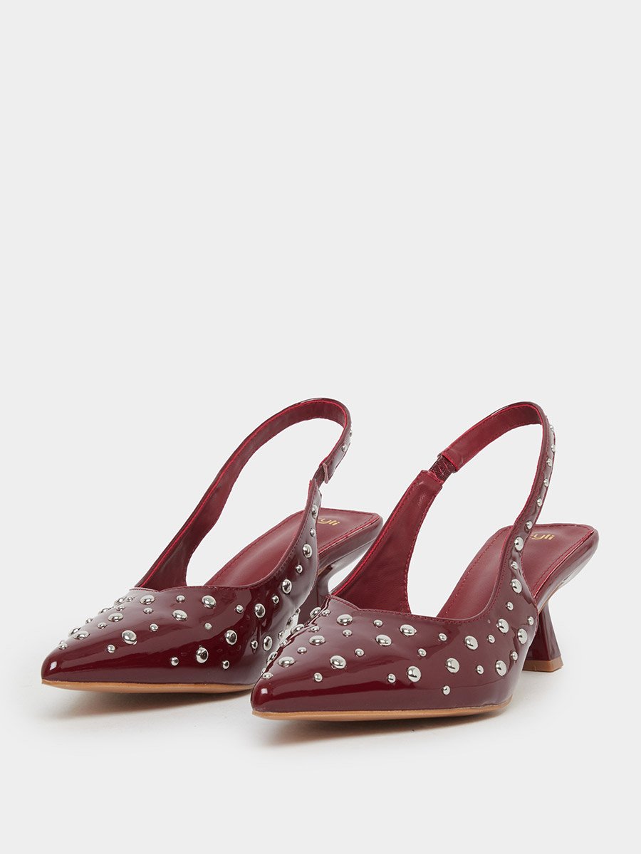 Burgundy Studded Slingback Kitten Heels Shoes