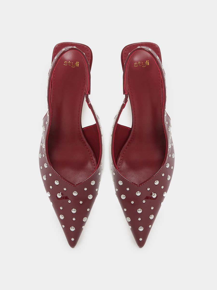 Burgundy Studded Slingback Kitten Heels Shoes