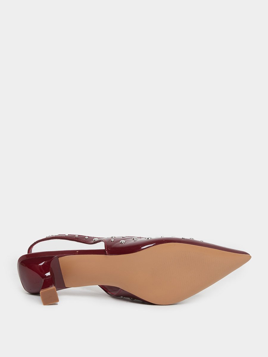 Burgundy Studded Slingback Kitten Heels Shoes
