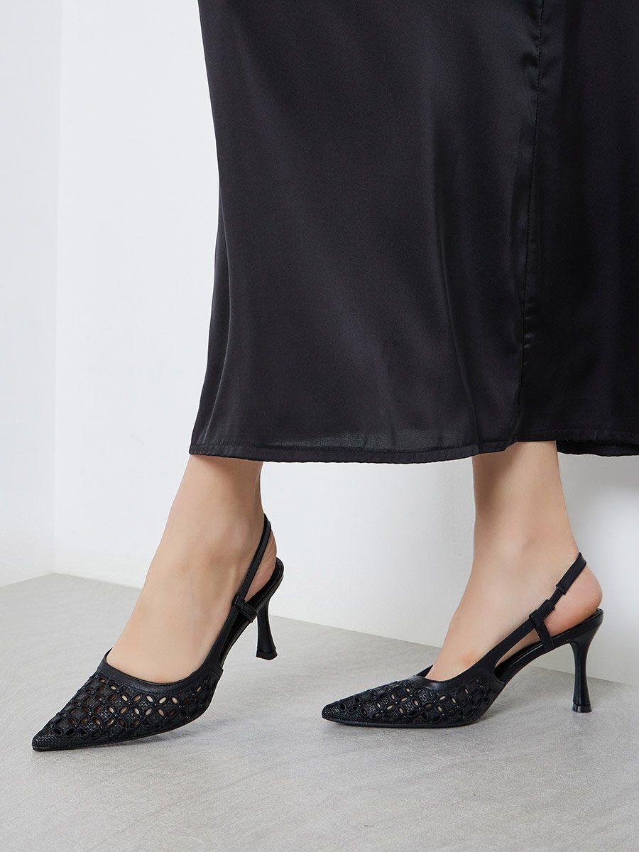 Black Embellished Slingback Stiletto Heel Shoes