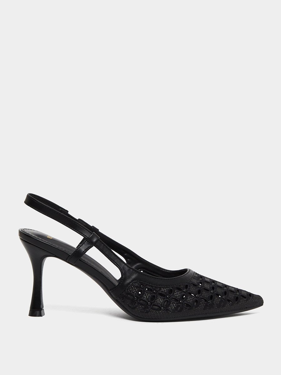 Black Embellished Slingback Stiletto Heel Shoes