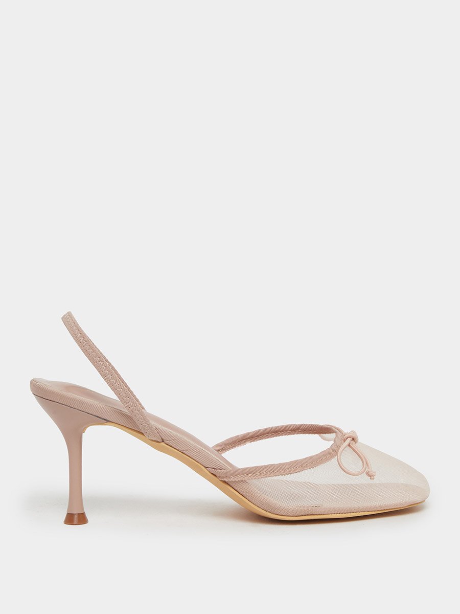 Beige Mesh Slingback Stiletto Heels Shoes