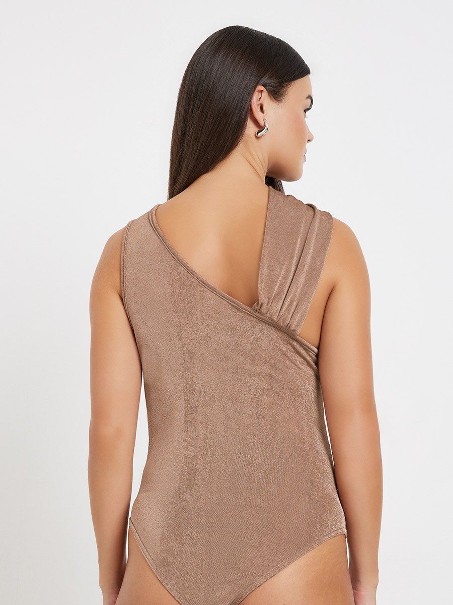 Brown Textured Sleeveless Bodysuit