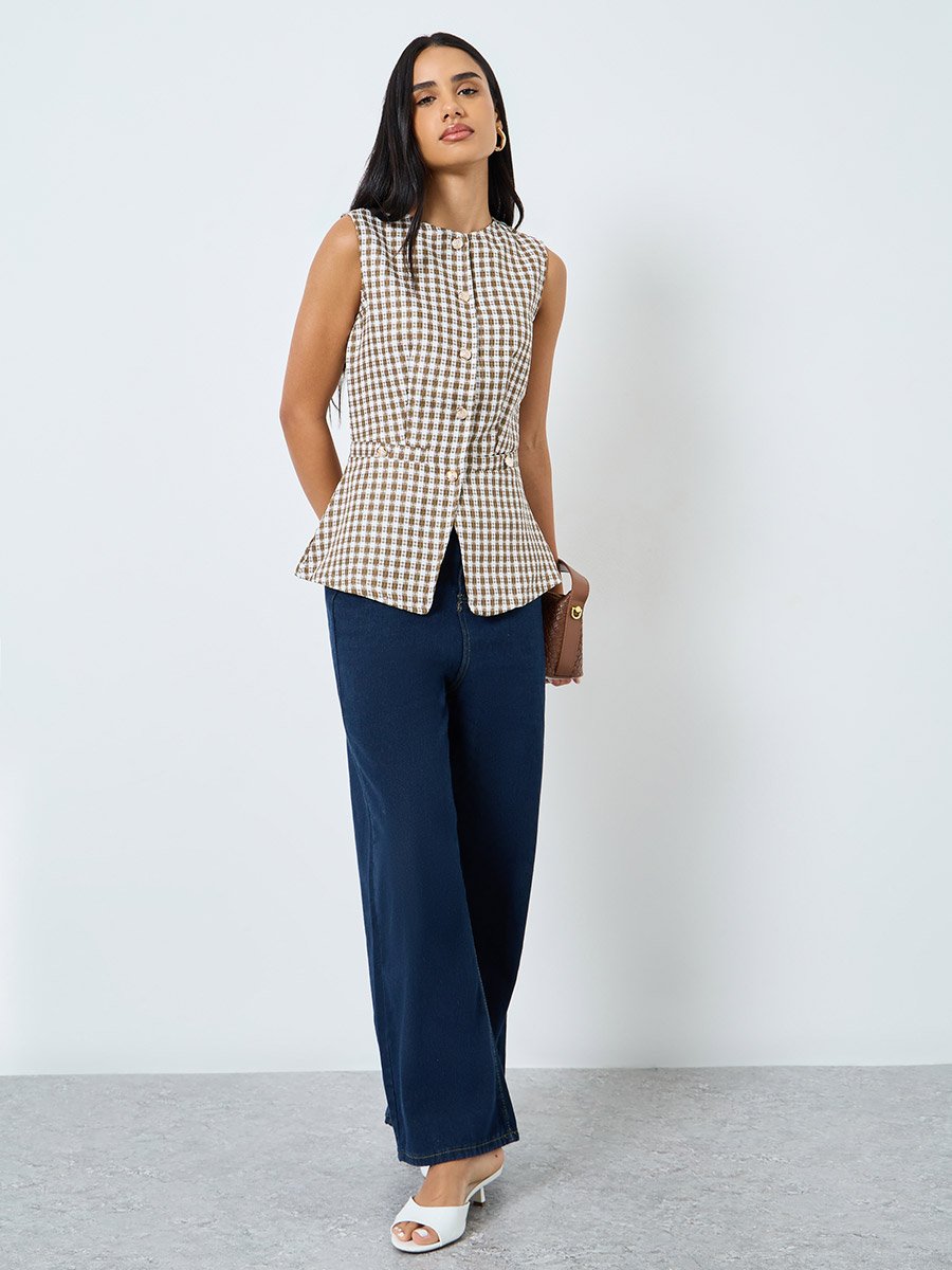 Brown Gingham Sleeveless Waistcoat