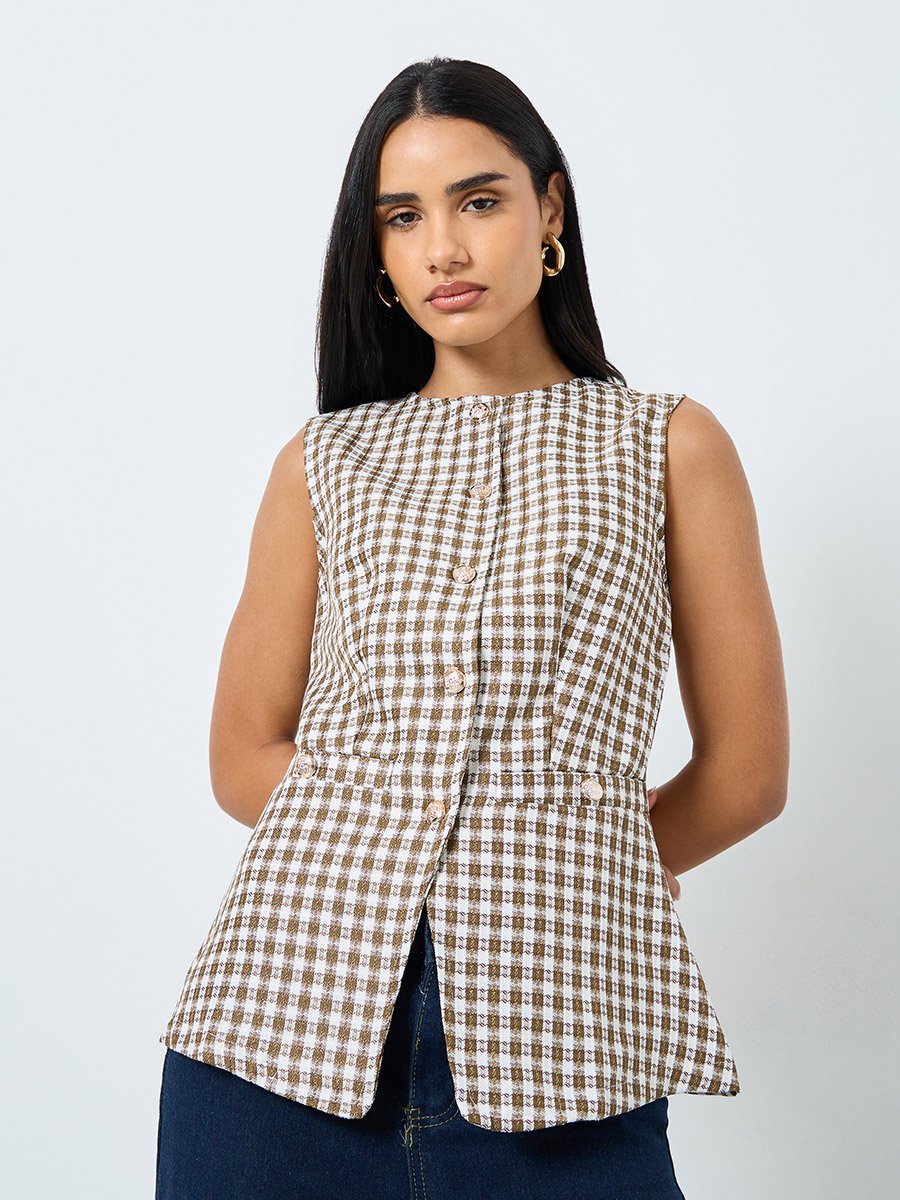 Brown Gingham Sleeveless Waistcoat