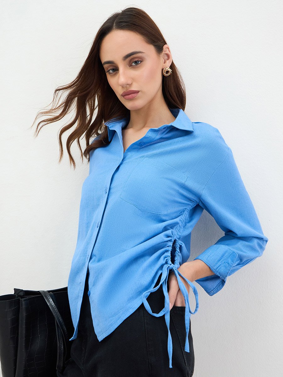 Blue Long Sleeve Shirt with Drawstring Detail