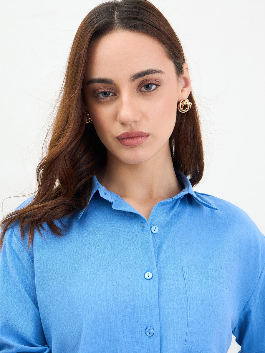 Blue Long Sleeve Shirt with Drawstring Detail