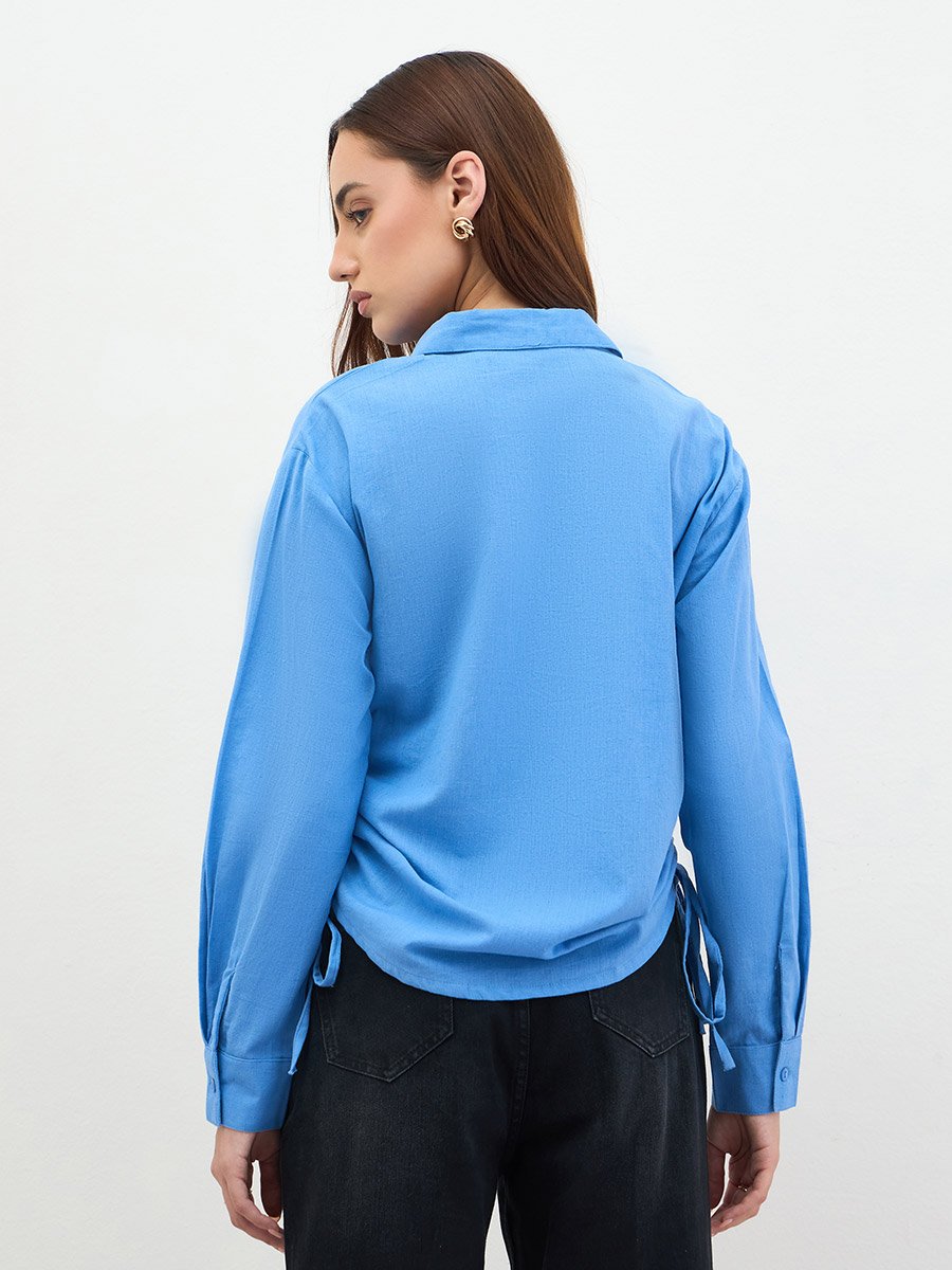Blue Long Sleeve Shirt with Drawstring Detail