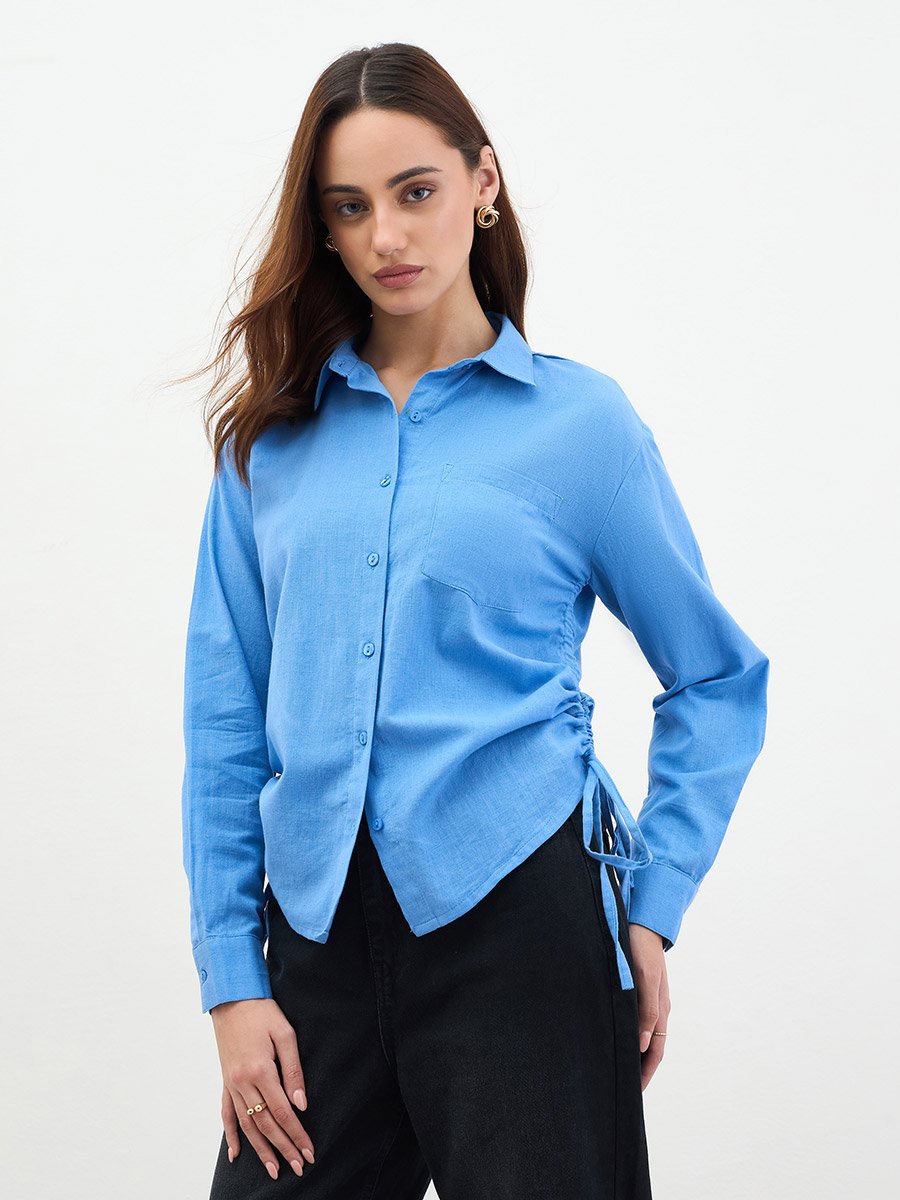 Blue Long Sleeve Shirt with Drawstring Detail