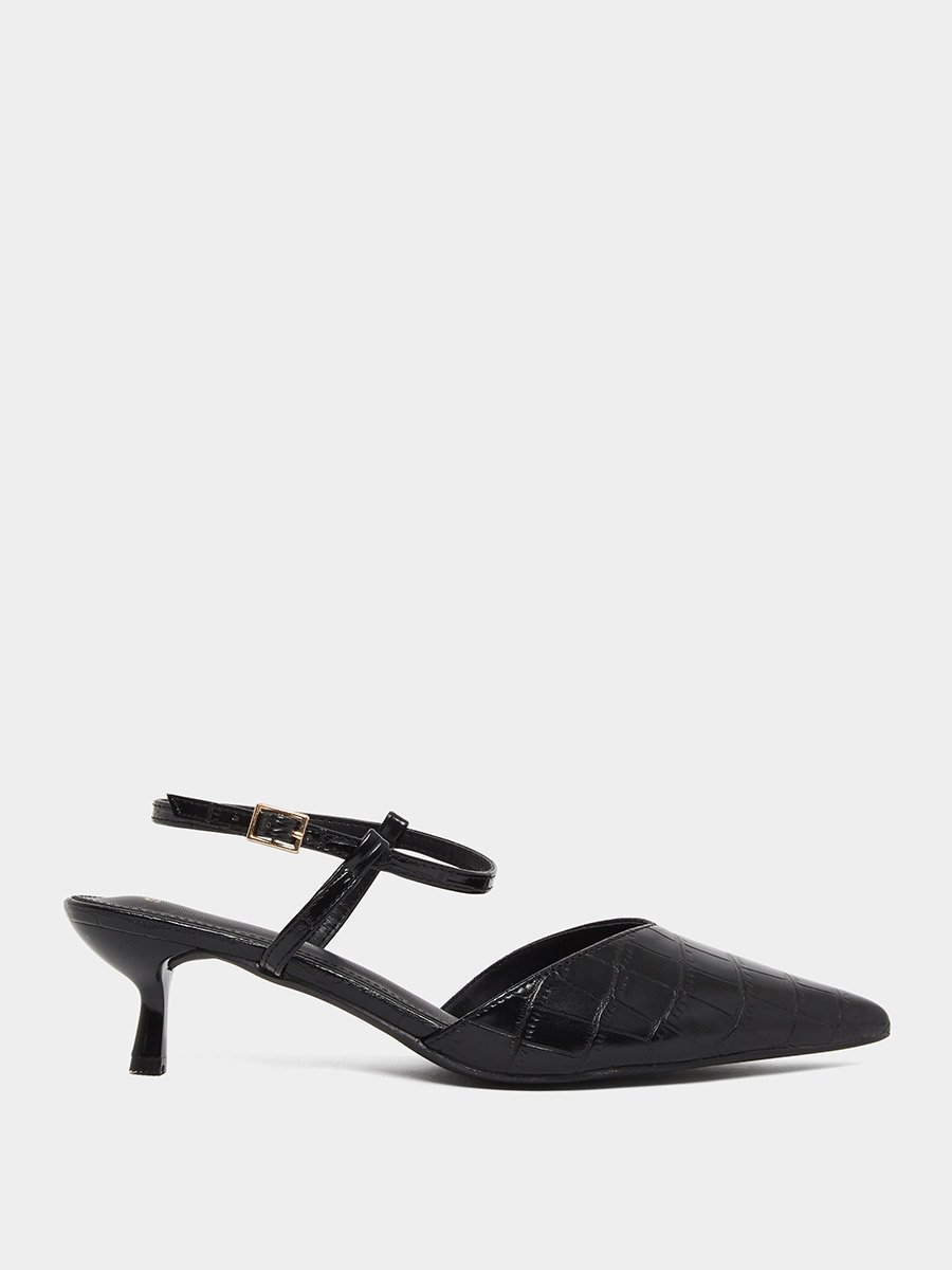 Black Croc-Skin Textured Kitten Heel Shoes