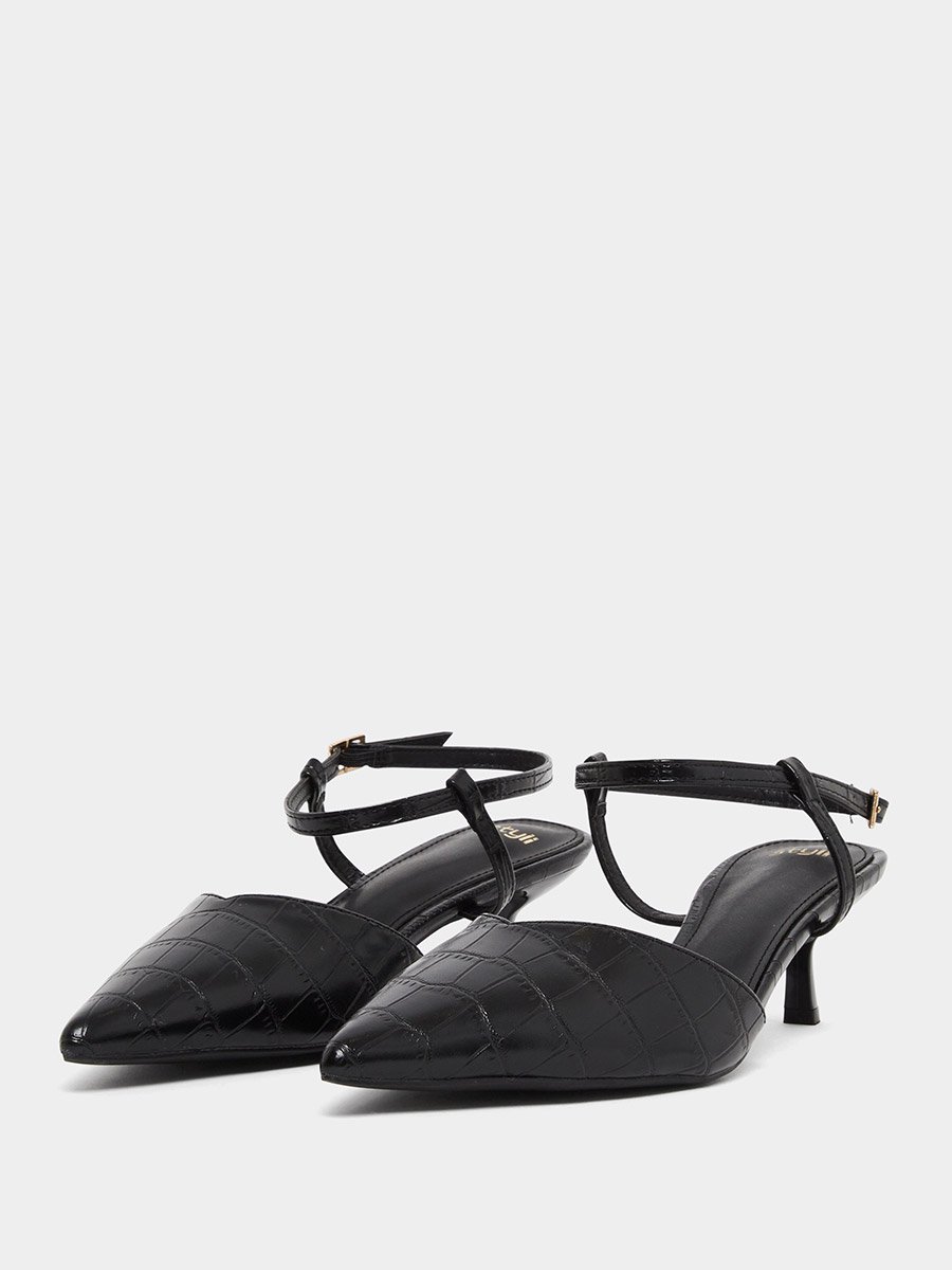 Black Croc-Skin Textured Kitten Heel Shoes