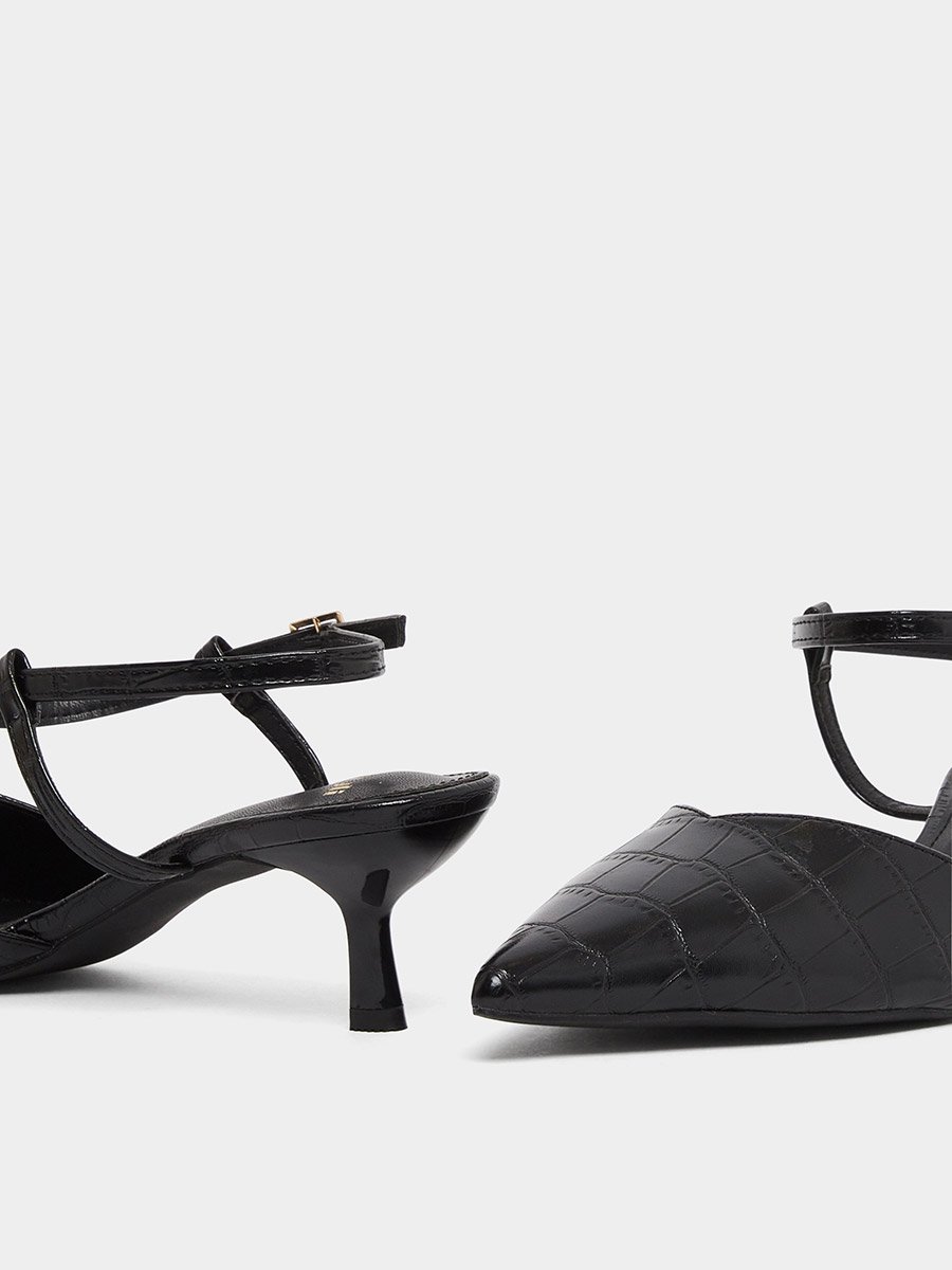 Black Croc-Skin Textured Kitten Heel Shoes
