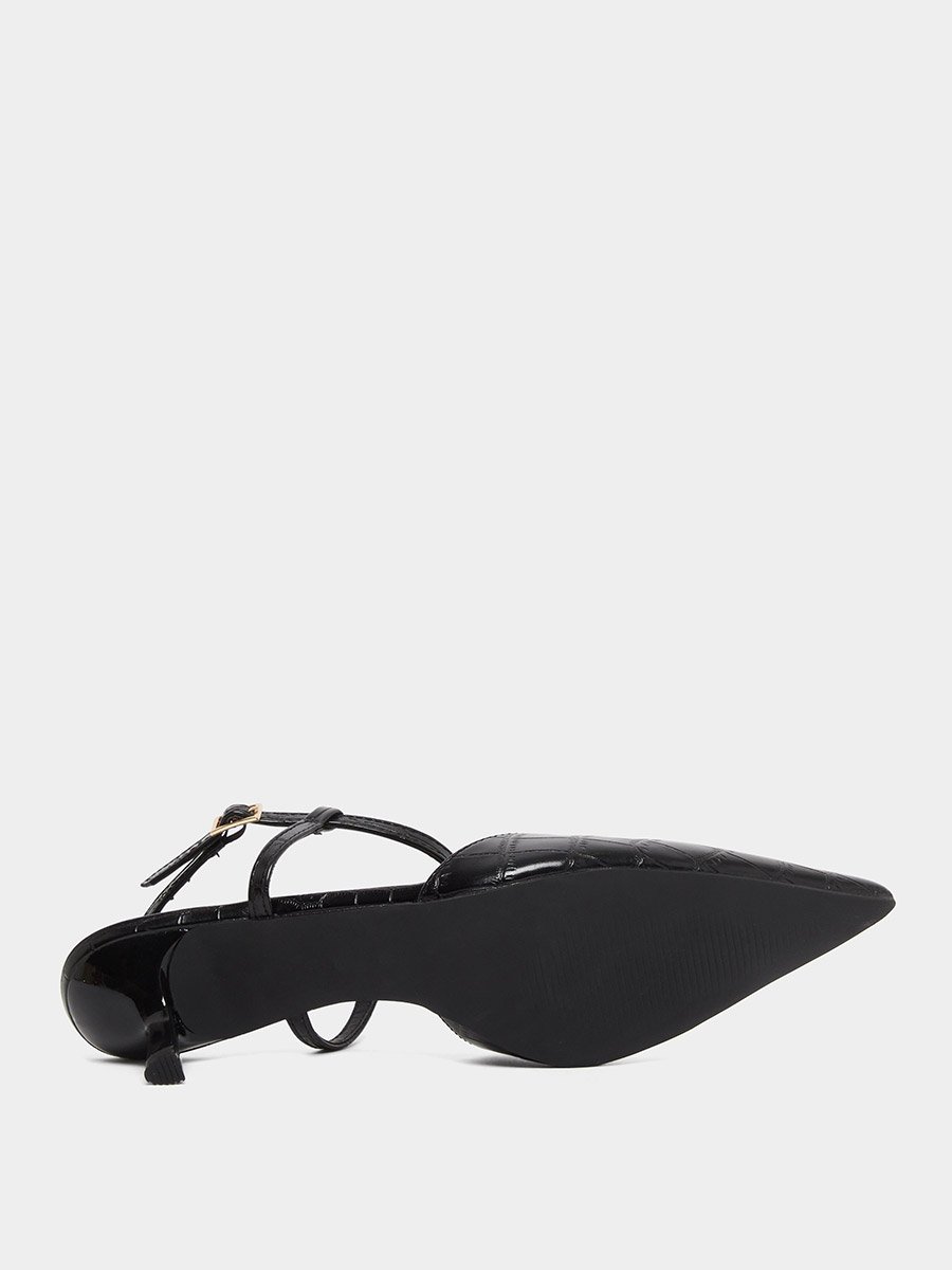 Black Croc-Skin Textured Kitten Heel Shoes