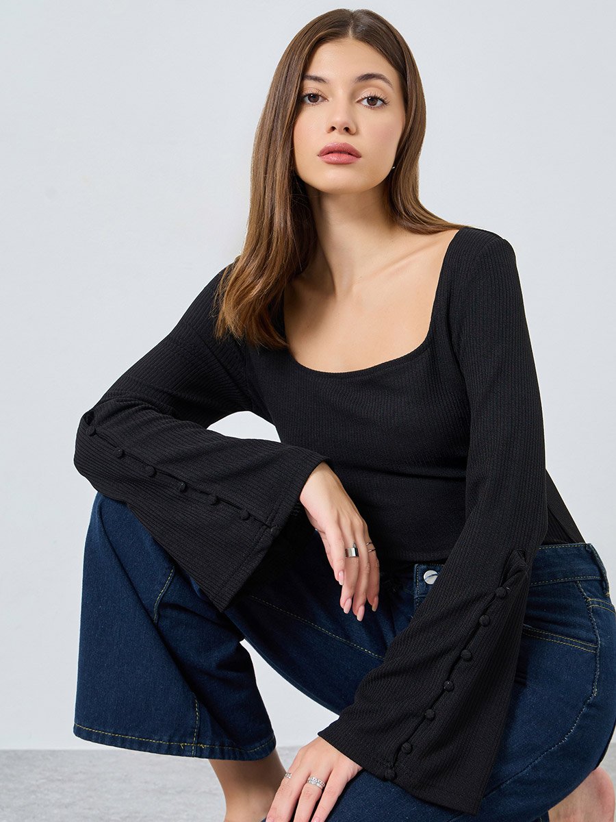 Black Square Neck Ribbed Knit Top