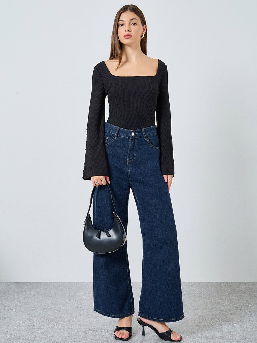Black Square Neck Ribbed Knit Top