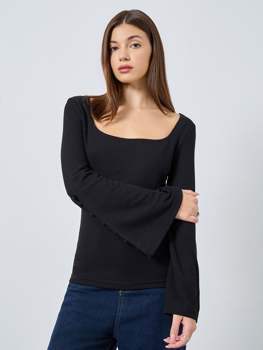 Black Square Neck Ribbed Knit Top