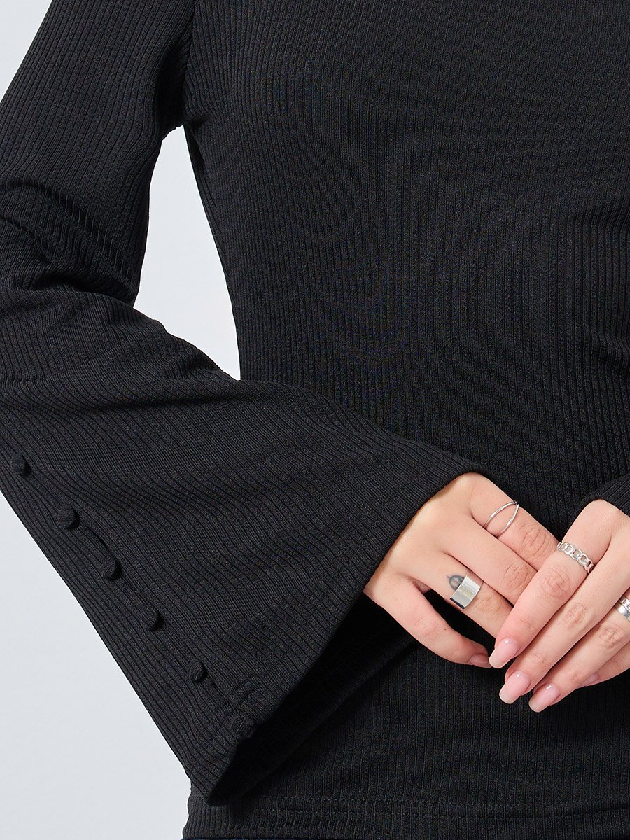 Black Square Neck Ribbed Knit Top