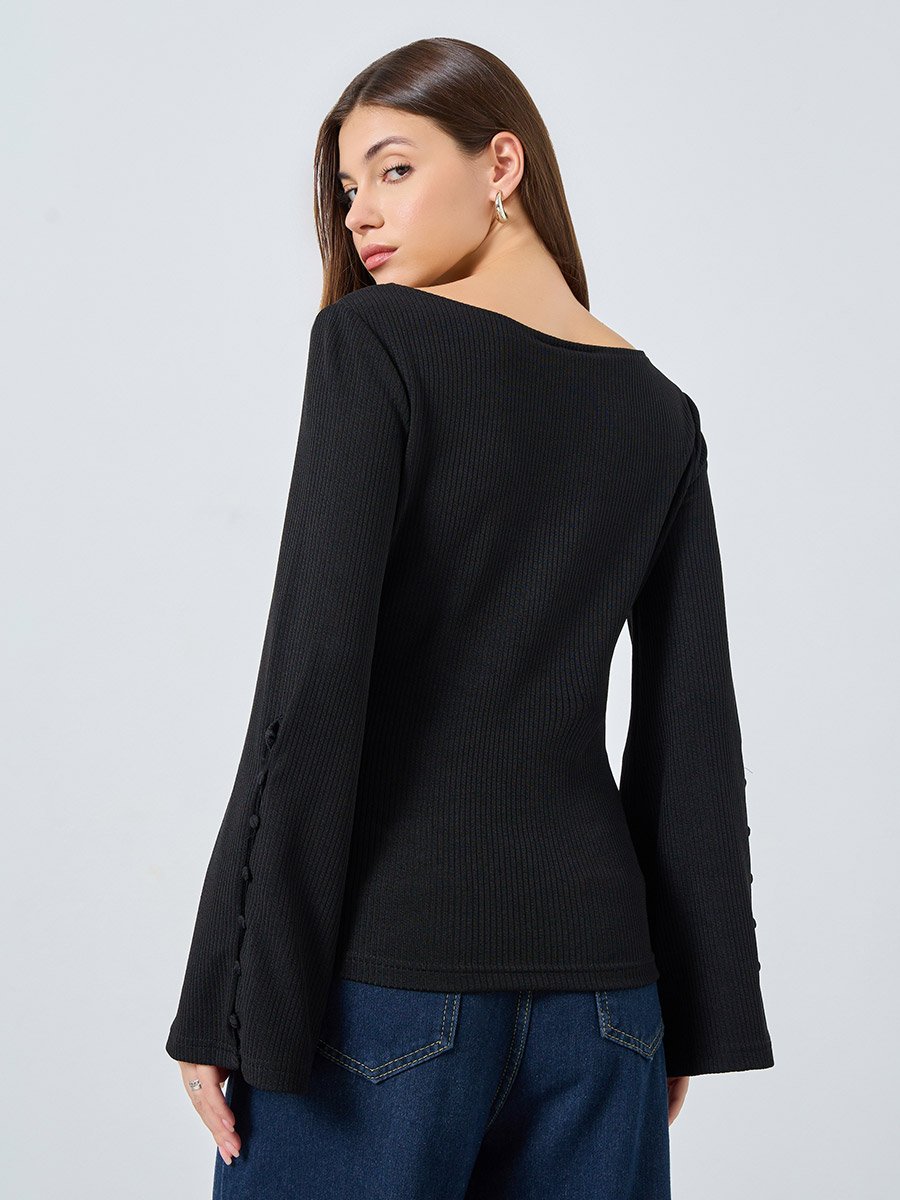 Black Square Neck Ribbed Knit Top