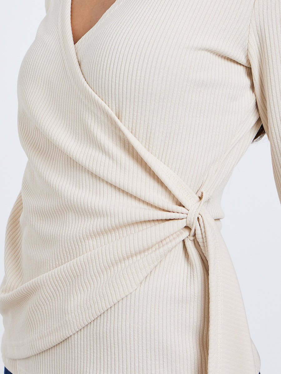 Beige Ribbed Wrap Top with Tie Detail