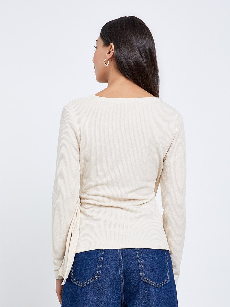 Beige Ribbed Wrap Top with Tie Detail