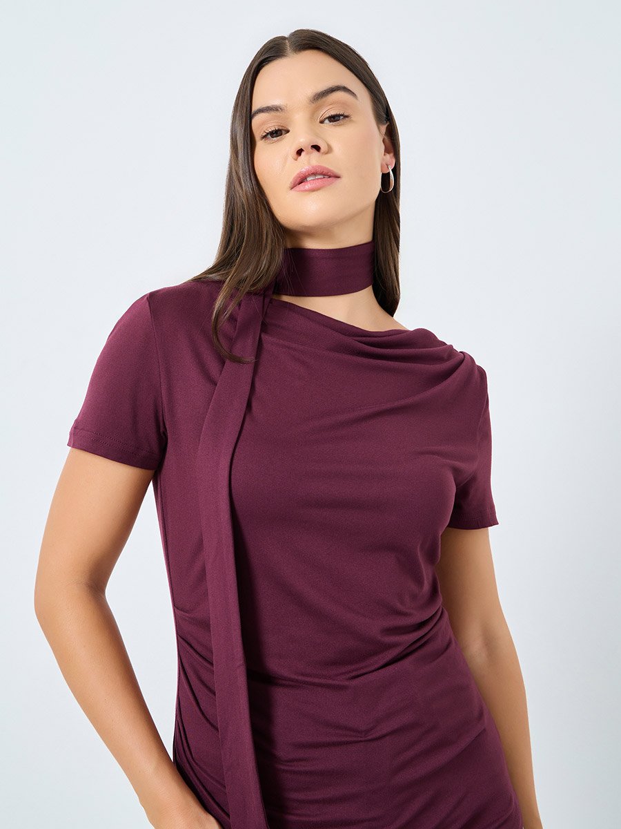 Burgundy Knit Top with Tie Neck Detail