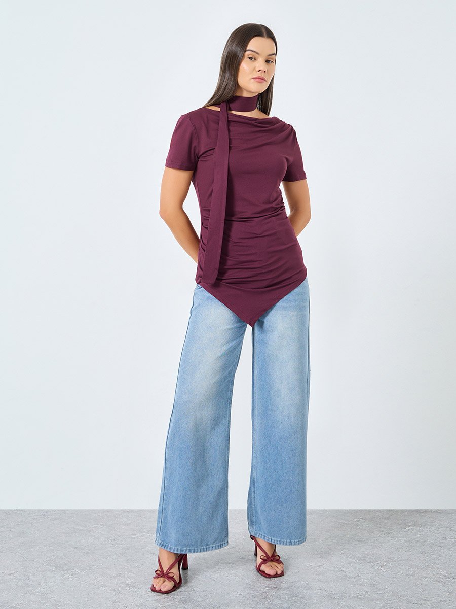 Burgundy Knit Top with Tie Neck Detail
