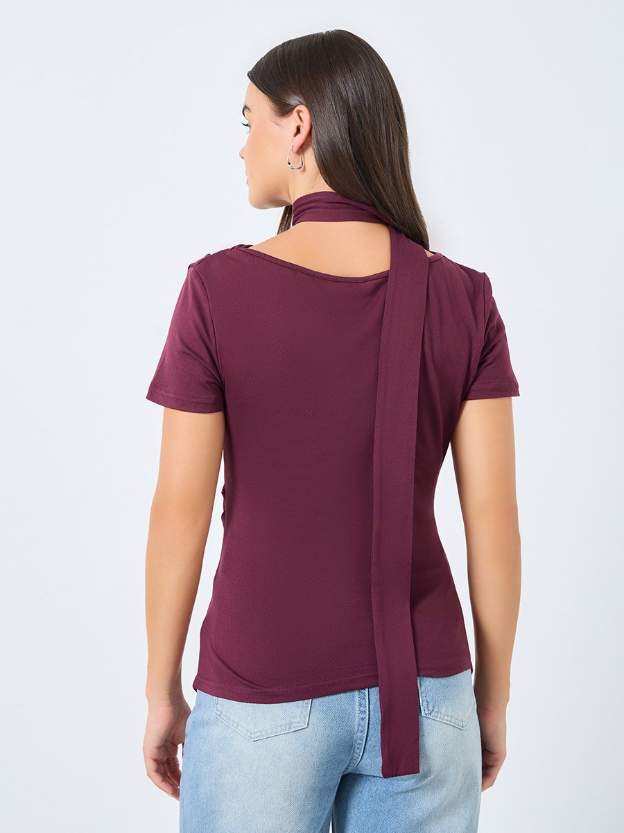 Burgundy Knit Top with Tie Neck Detail