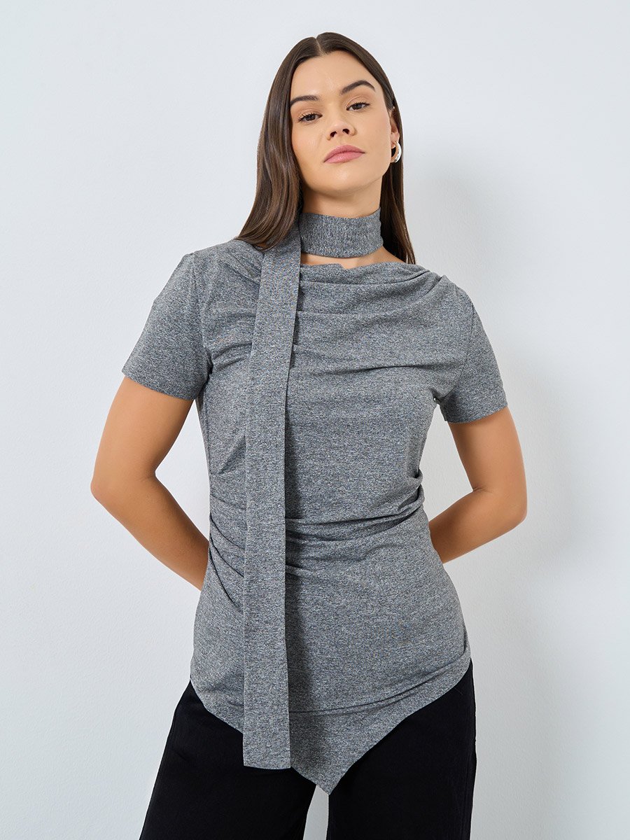 Grey Knit Top with Tie Neck Detail