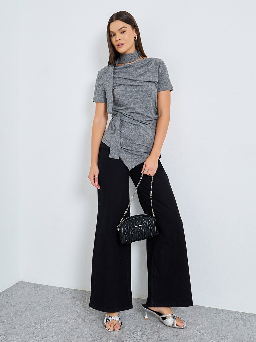 Grey Knit Top with Tie Neck Detail