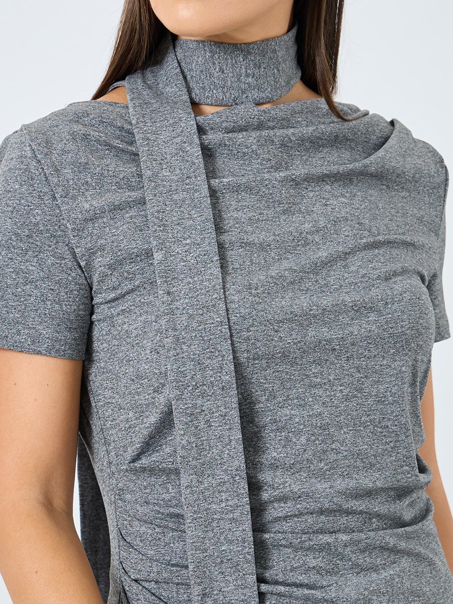 Grey Knit Top with Tie Neck Detail