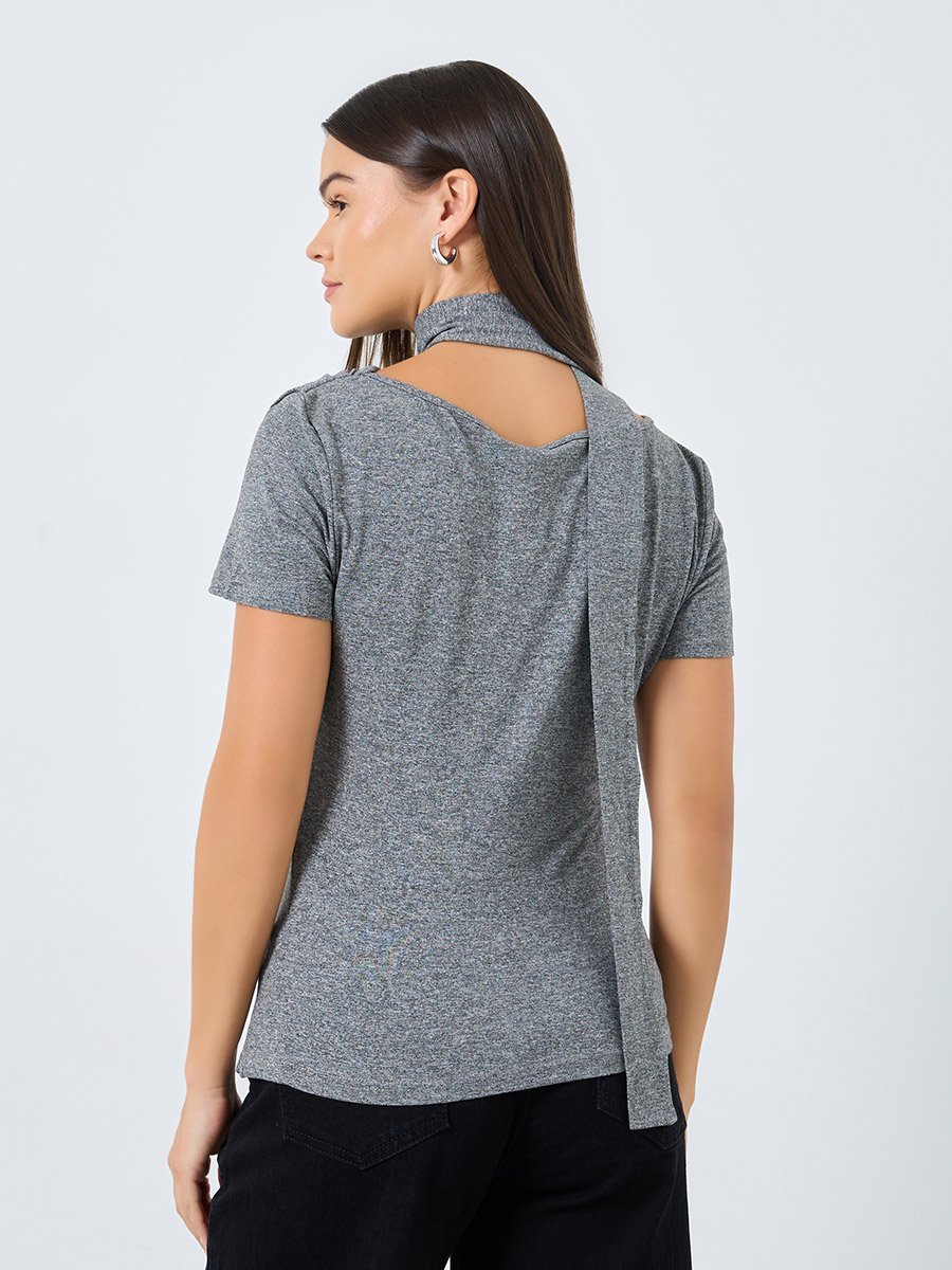 Grey Knit Top with Tie Neck Detail