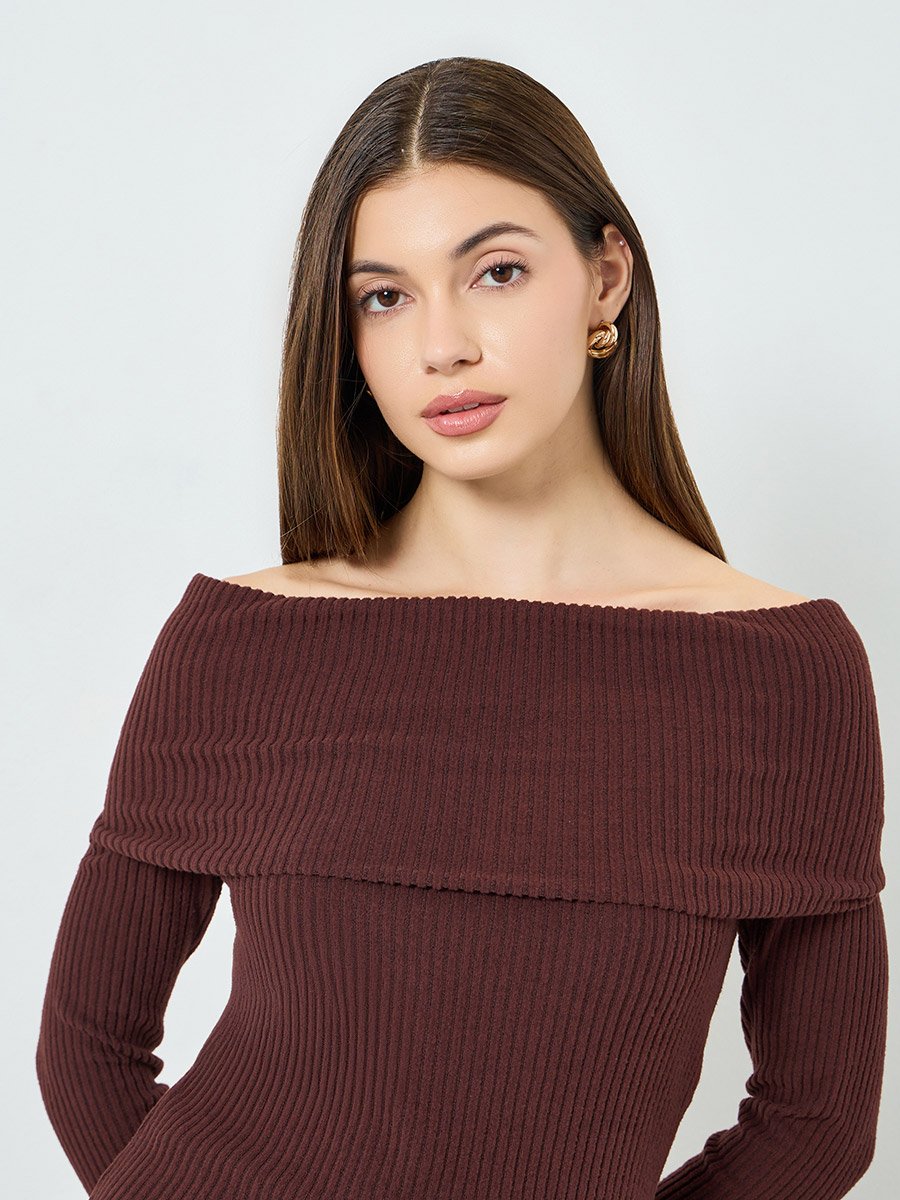Rust Ribbed Off-Shoulder Knit Top