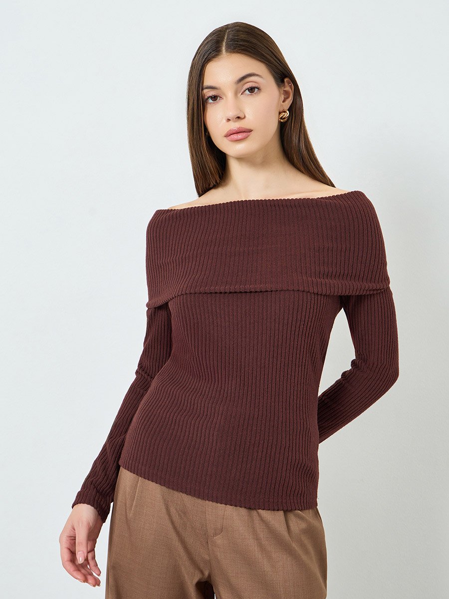 Rust Ribbed Off-Shoulder Knit Top