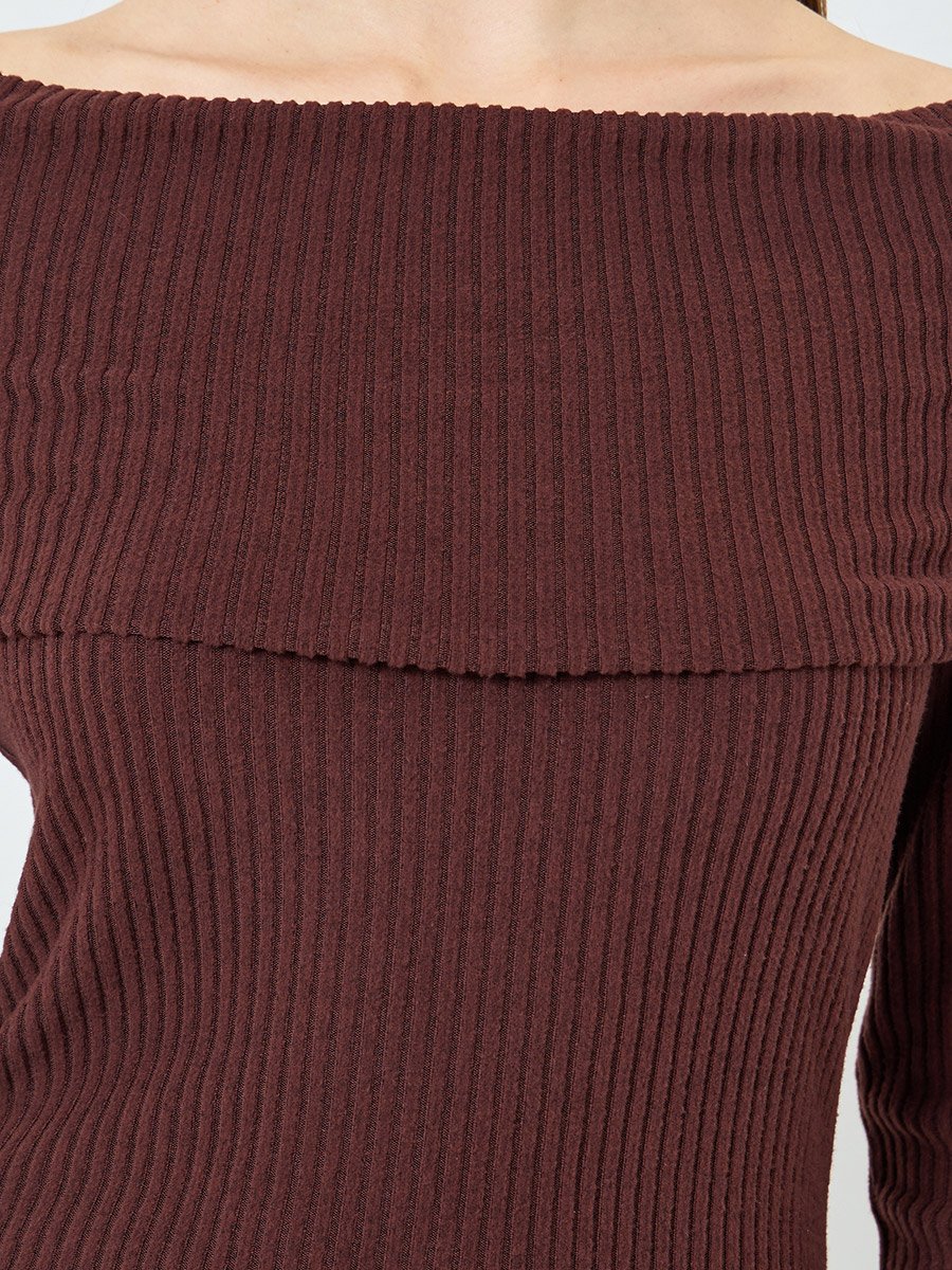 Rust Ribbed Off-Shoulder Knit Top