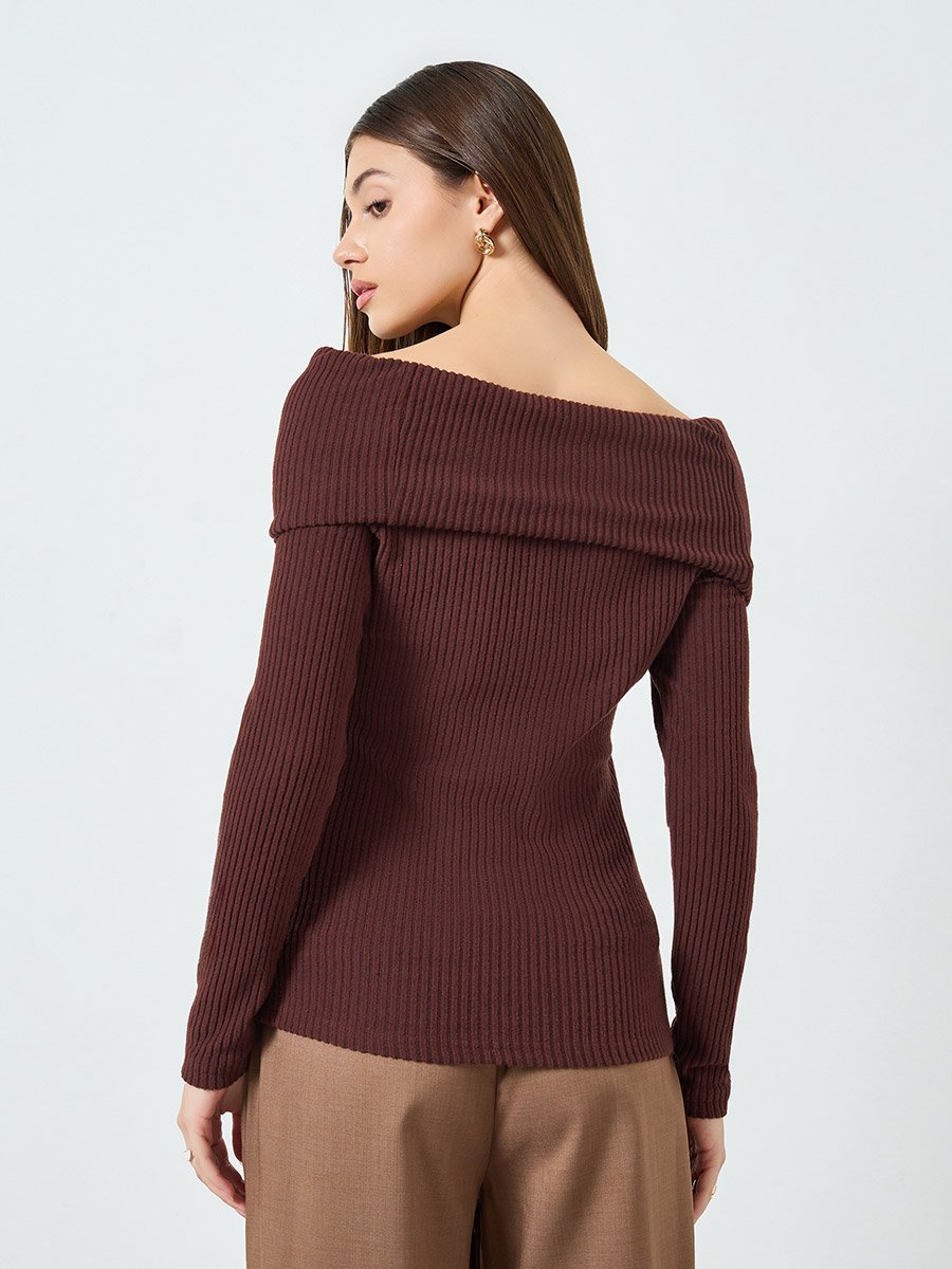 Rust Ribbed Off-Shoulder Knit Top