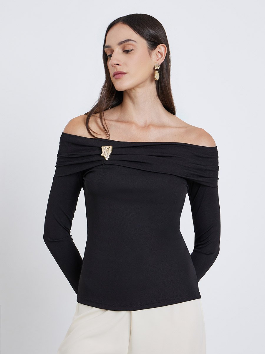 Black Off-Shoulder Long Sleeve Knit Top