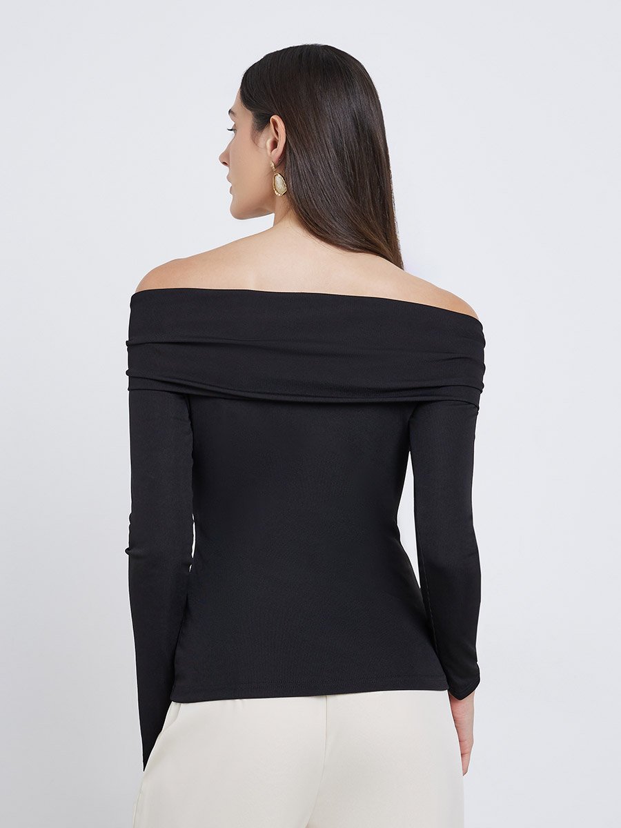 Black Off-Shoulder Long Sleeve Knit Top