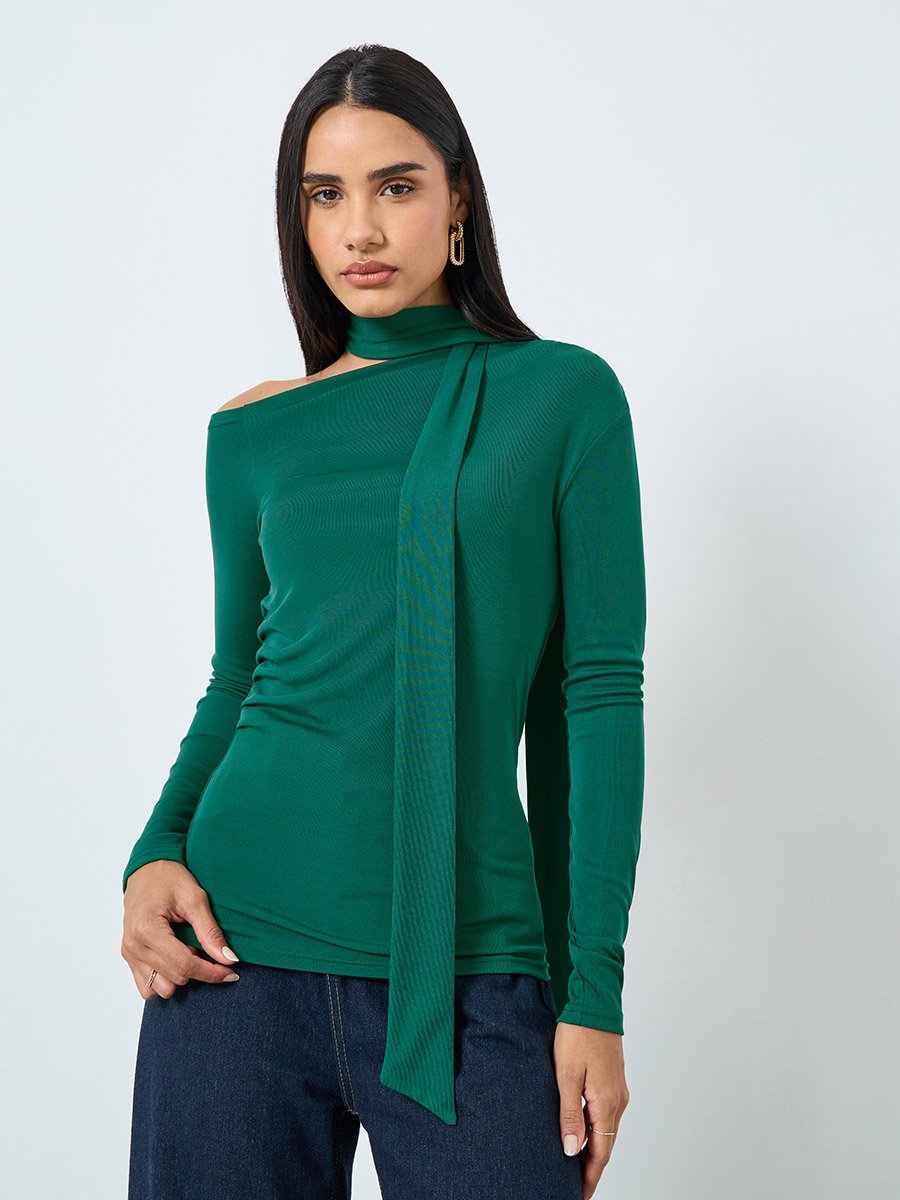Dark Green Long Sleeve Tie Neck Blouse
