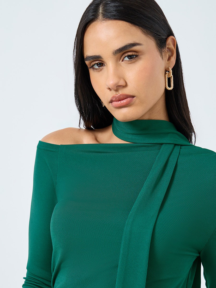 Dark Green Long Sleeve Tie Neck Blouse