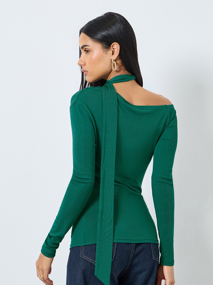 Dark Green Long Sleeve Tie Neck Blouse