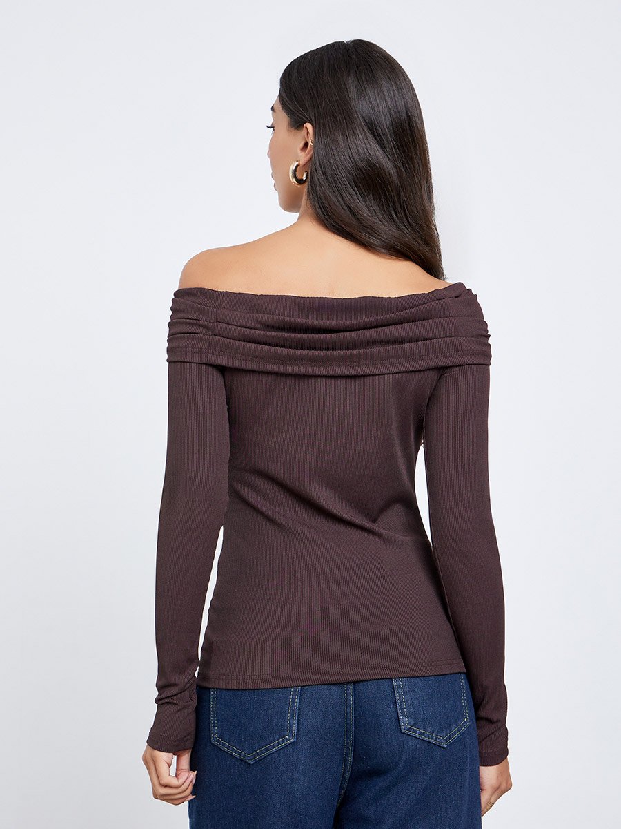 Brown Off-Shoulder Long Sleeve Blouse