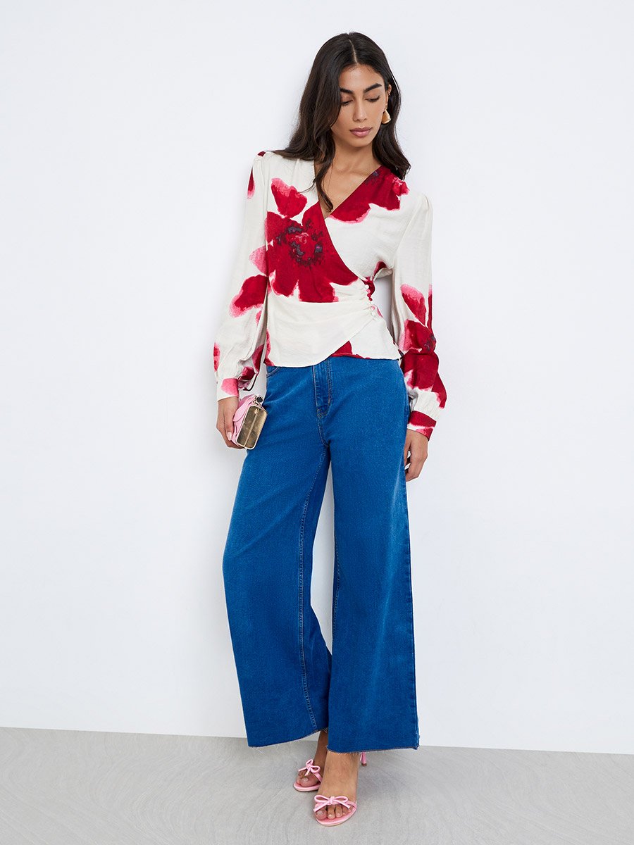 Cream Floral Print Wrap Top