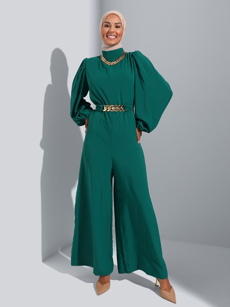 Green Wide Leg Jumpsuit with Chain Belt