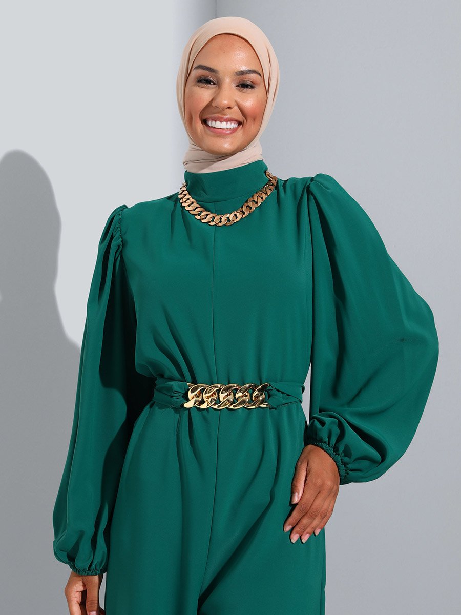 Green Wide Leg Jumpsuit with Chain Belt